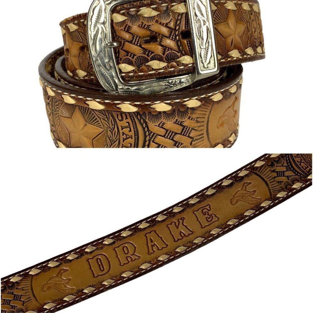 Brazos Joe Belt Co Mens Western Belt Sz 42 Brown Texas State Seal Stamped DRAKE